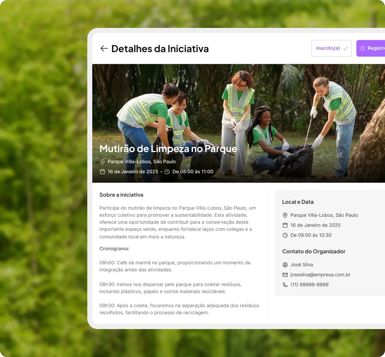 Exemplo de página de oportunidade de voluntariado. Mostra foto de pessoas recolhendo lixo em um parque, além de data, horário, descrição e contato do organizador.