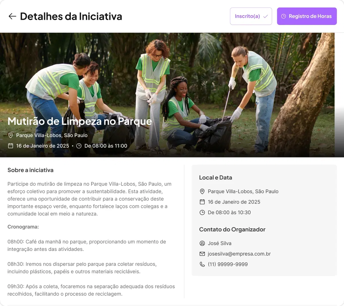 Exemplo de página de oportunidade de voluntariado. Mostra foto de pessoas recolhendo lixo em um parque, além de data, horário, descrição e contato do organizador.