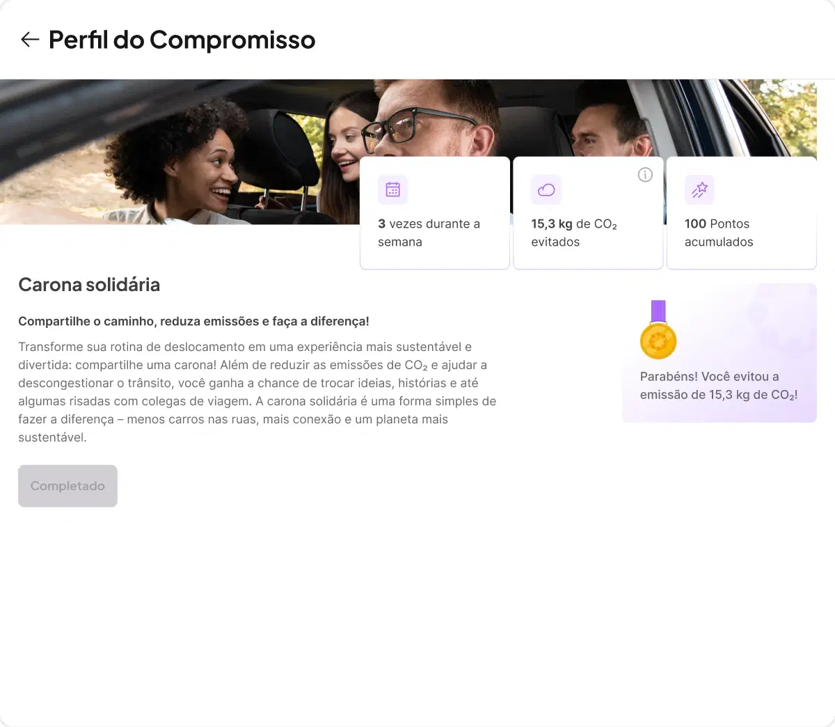 Exemplo de página de compromisso do bem sobre carona solidária. Mostra foto de colegas sorrindo em um carro, a quantidade de CO₂ evitado e uma mensagem de parabéns pelo desafio concluído.